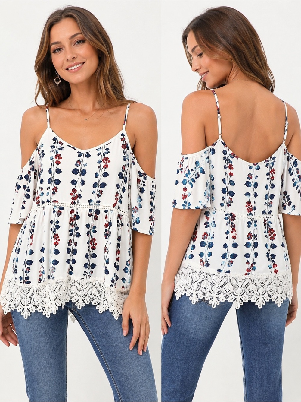 Skies Are Blue Floral Cold Shoulder Top Crochet‎ Lace Hem Rayon Boho Large